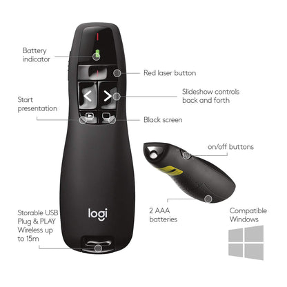 Logitech Wireless Presenter R400, USB-A PowerPoint Clicker with Laser Pointer, Wireless Presentation Clicker Remote