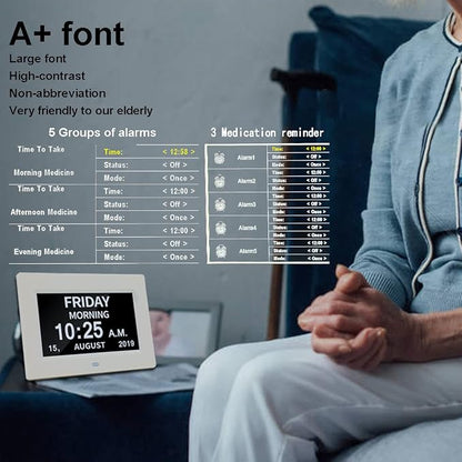AINFTIME DST Clock with Day and Date for Elderly-3 Display Digital Calendar Alarm Day Dementia Alzheimers Clock with Extra Large Display (7in White)