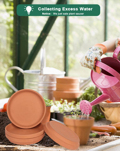 Large Ceramic Plant Saucer and Small Terracotta Pot Plant Saucer - 4 Pcs 7 Inch Black Ceramic Plant Tray and 4 pcs 8 Inch Terracotta Plant Saucer for 4,6,7 Inch Plant Pots with Drainage Hole and Gre