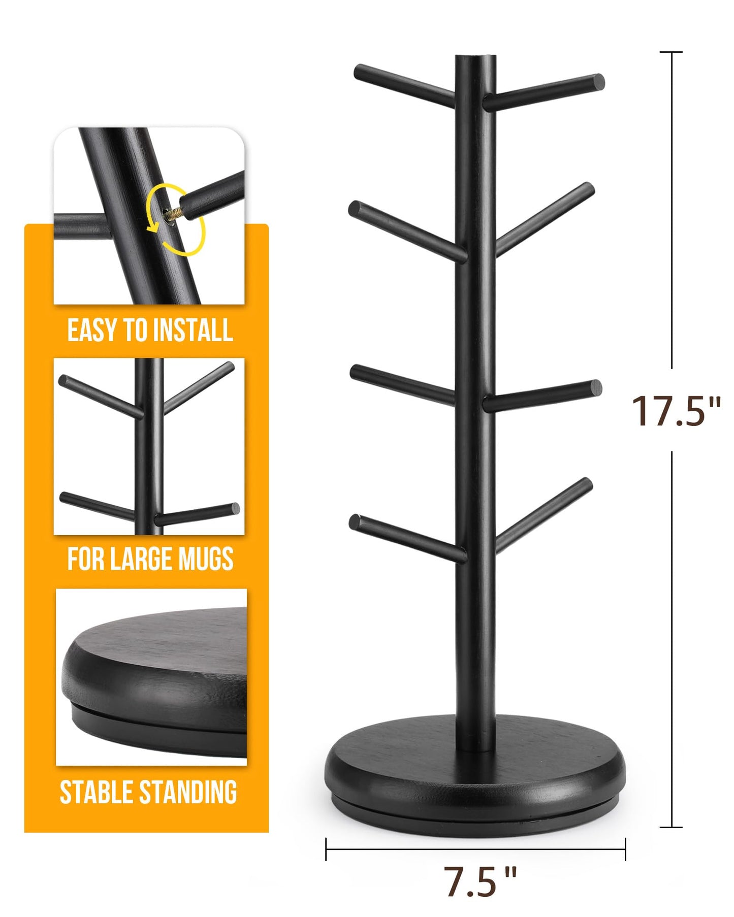 Lorbro Coffee Mug Tree, 360° Rotated Mug Holder with 8 Hooks, Wooden Coffee Cup Holder Rack Stand Accessories for Countertop Kitchen Decor Organizer