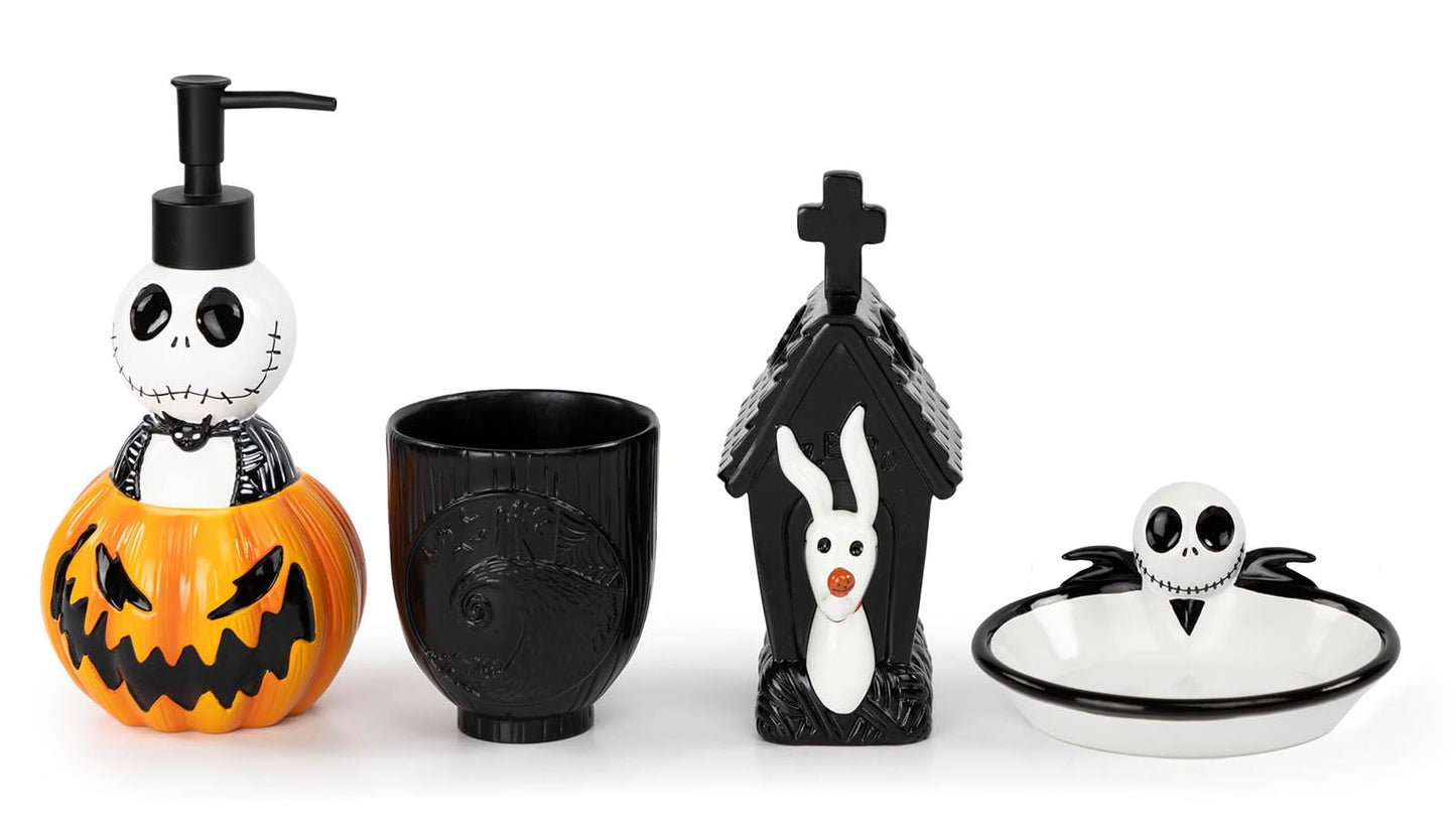 Jay Franco Disney Nightmare Before Christmas Organizer Set - 4 Piece Black and White Accessories Includes Resin Soap Dispenser, Sponge Holder, Toothbrush Holder and Tumbler - Bathroom Décor