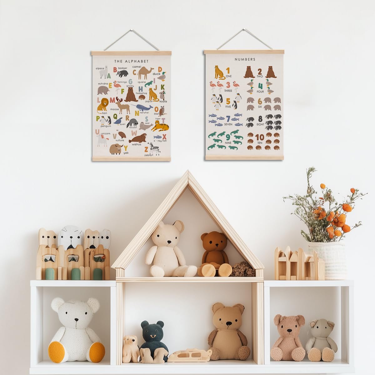 Cute Animal Number Chart Alphabet Poster Hanger, ABC Chart Wall Decor, Toddler Learning Posters, Educational Posters Homeschool Supplies, Wall Art Wall Hanging Banner Home Baby Room Nursery Decor