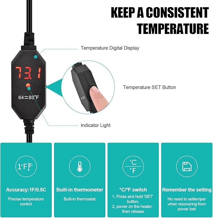 YOFOTHS Mini Aquarium Heater Alumina Ceramic, 25W Digital Display Thermostat, Compact Thumb-Size Fish Tank Heater with Temperature Control for 3-5 Gallon Betta Tanks (25W)