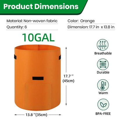 6 Pack Potato Grow Bags, 10 Gallon Planting Bags Large Fabric Pots with Flap Window Vegetable Planter Garden Pot Tall Potato Growing Containers with Handles for Vegetables, Fruits and More, Orange