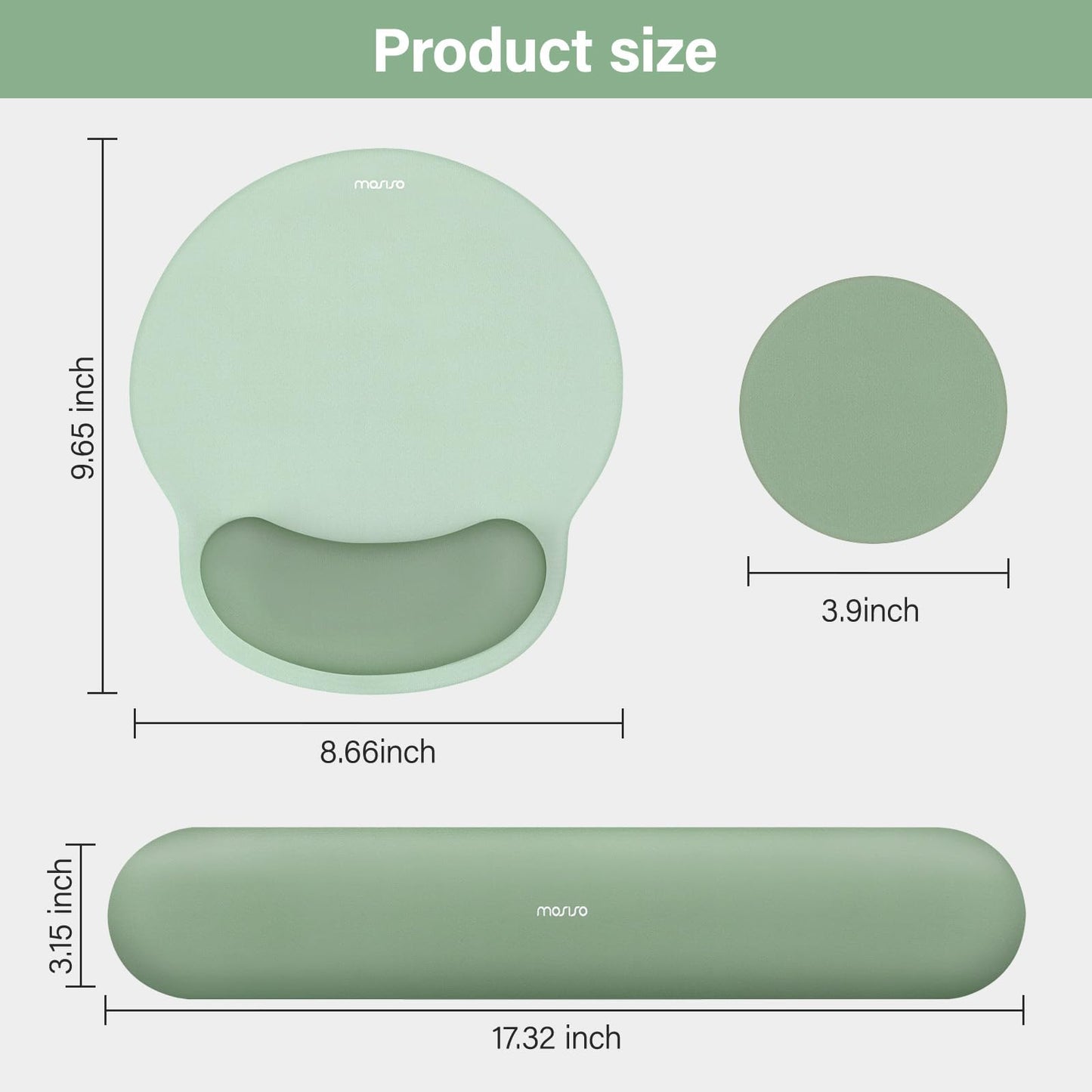 MOSISO Wrist Rest Support for Mouse Pad&Keyboard Set, Circle Curved Ergonomic Mousepad&Coaster Non-Slip Base Home/Office Pain Relief&Easy Typing Pad with Soft Cloth&Raised Memory Foam, Antique Green
