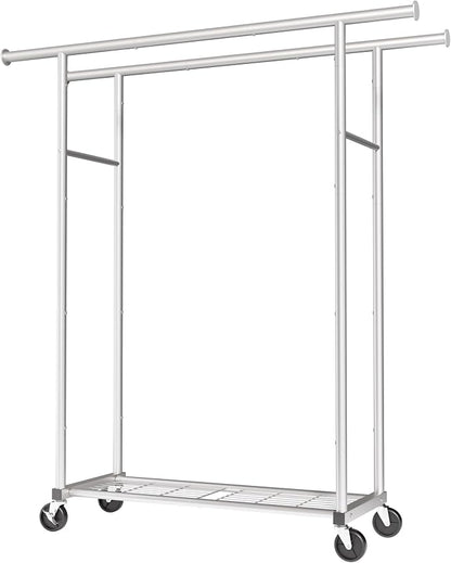 Sakugi Mobile Double Rod Clothes Rack, Freestanding Garment Organizer with Medium Load Capacity and Bottom Storage Shelf for Home Use,Silver