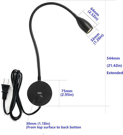 LED Wall Reading Light with USB Charging Port, Dimmable Gooseneck Bedside Lamp, Flexible Arm, 3W (Black, 120V Plug in, Warm White)