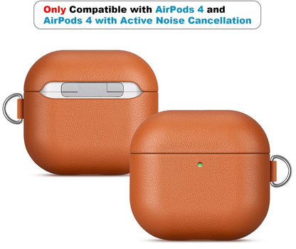 LOPIE Handmade Case for AirPods 4 / AirPods 4 with Active Noise Cancellation Leather Case Clip & Cleaner Kit, Fully-Wrapped with Top Grain Leather, Protective Hard Cover for Gen 4 Air Pods - Brown