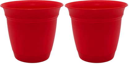 The HC Companies 8 Inch Eclipse Round Planter with Saucer - Indoor Outdoor Plant Pot for Flowers, Vegetables, and Herbs, Strawberry Red (Pack of 2)