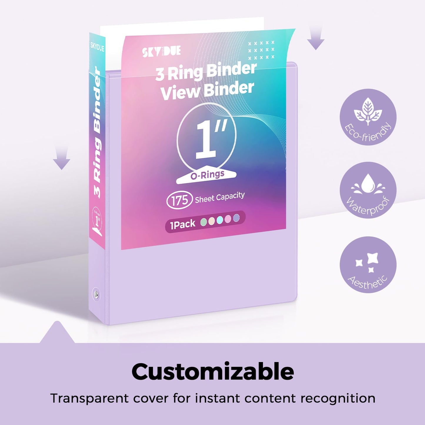 SKYDUE 1 Inch 3 Ring Binder with 8 Tab Dividers & 24 Labels, Pastel Binder Organizer for Letter Size Paper, Aesthetic School Binder for Notes, Documents, Office & Home Organization, Purple