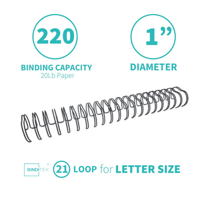 Binditek 50 Pack Double Loop Wire Binding Spines, 1Inch Binding Wire for Letter Size, 2:1 Pitch, 220 Sheet Capacity, 21-Loop, Black, for Students and Coworkers