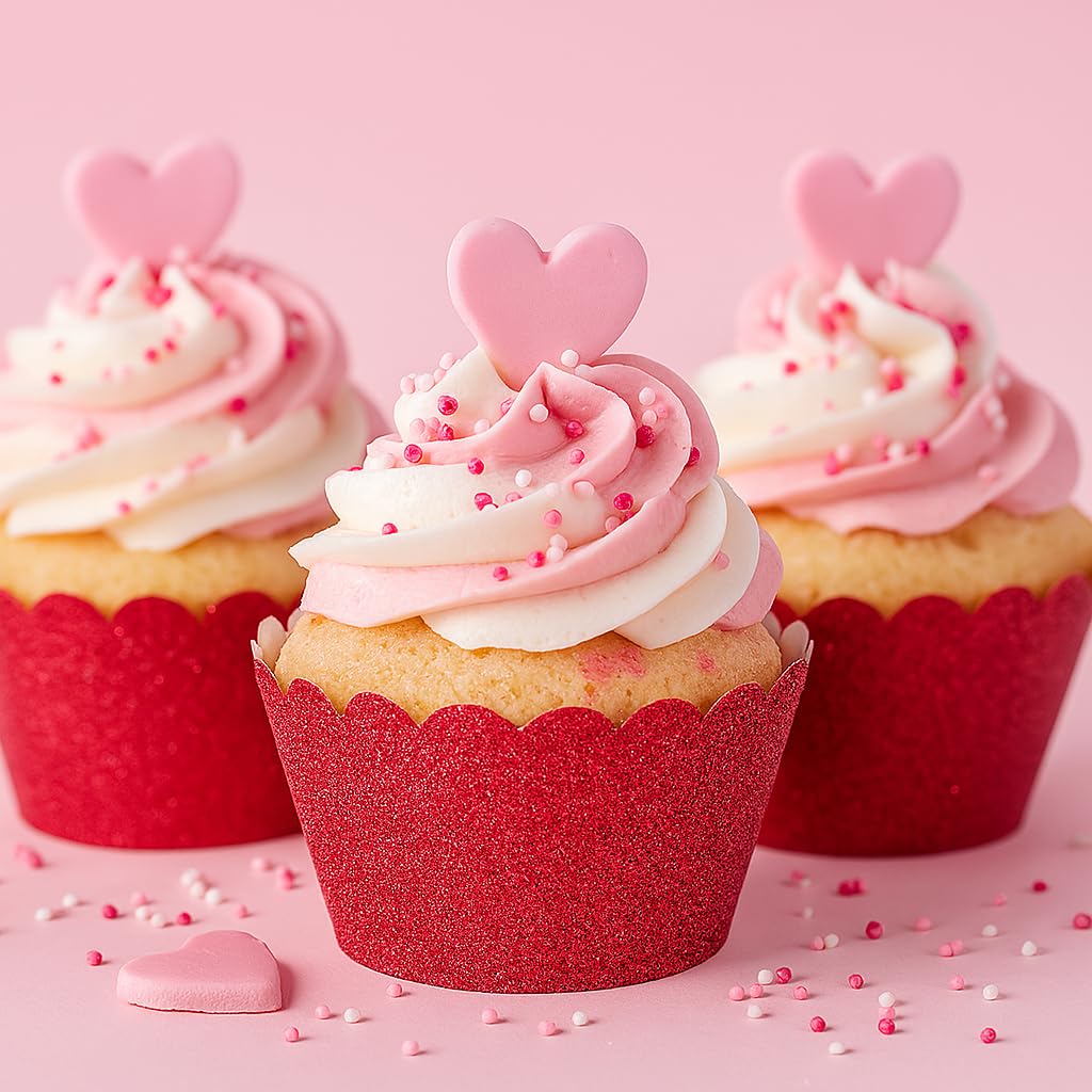 Koyal Wholesale Red Cupcake Wrappers Glitter Cupcake Liners for Christmas, Graduations, & Parties, Decorative Glitter Red Baking Cups and Cupcake Holders for Dessert Tables & Holiday Events, Set of 50