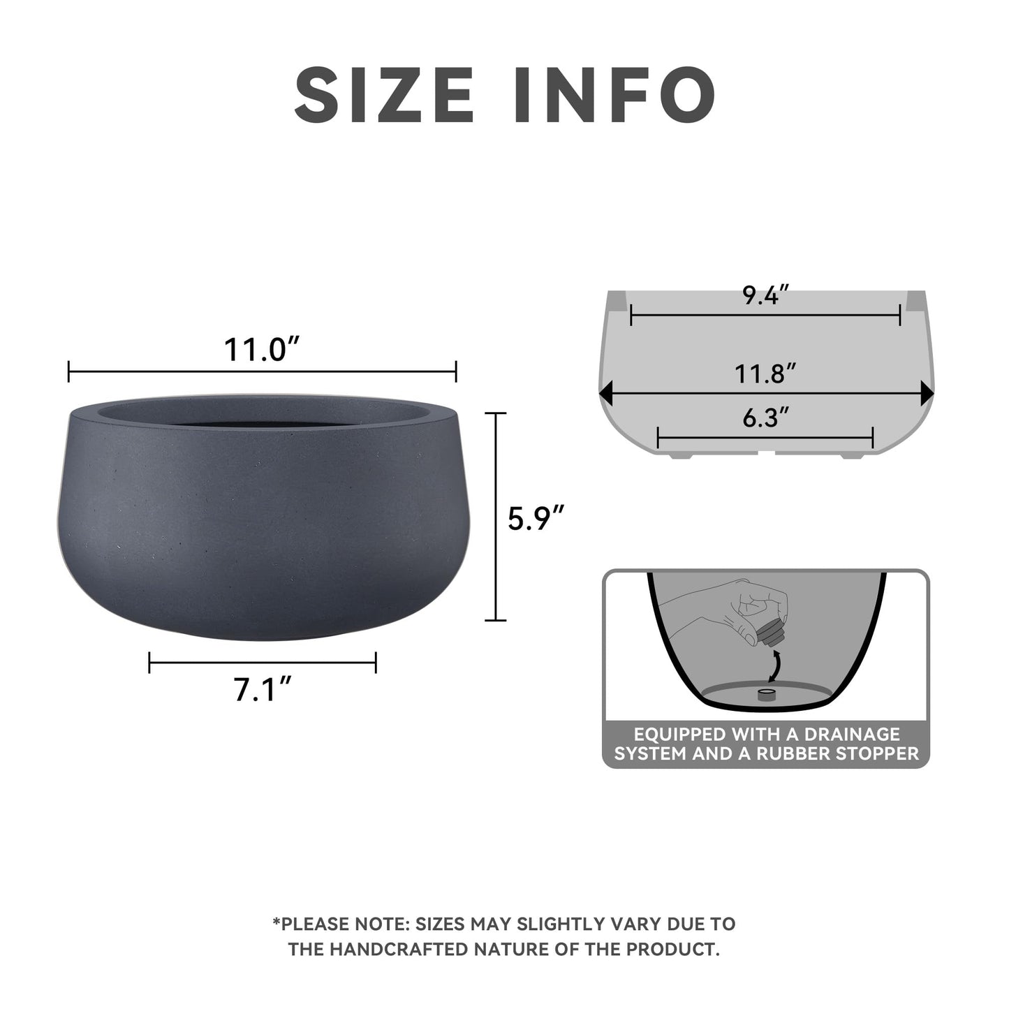 Kante 11.8" Dia Round Concrete Planter, Cement Plant Pots with Drainage Hole and Rubber Plug for Outdoor Indoor Garden Home, Modern Curvaceous Design, Dark Gray