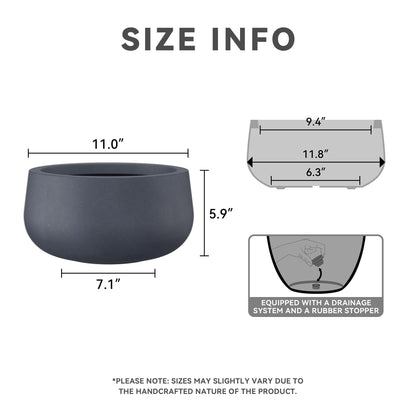 Kante 11.8" Dia Round Concrete Planter, Cement Plant Pots with Drainage Hole and Rubber Plug for Outdoor Indoor Garden Home, Modern Curvaceous Design, Dark Gray