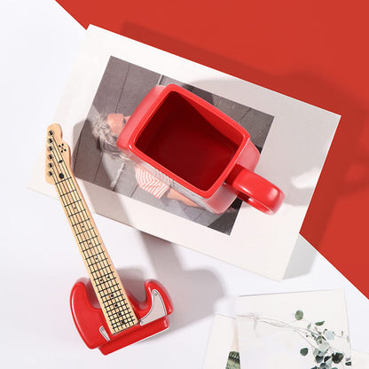 LUCYLANKER Electric Guitar Shaped Ceramic Mug, Novelty Music Themed Coffee Cup, Creative Drinkware for Tea, Funny Birthday, Halloween, Christmas Gift for Musicians & Rock Lovers, 15 oz (Red)