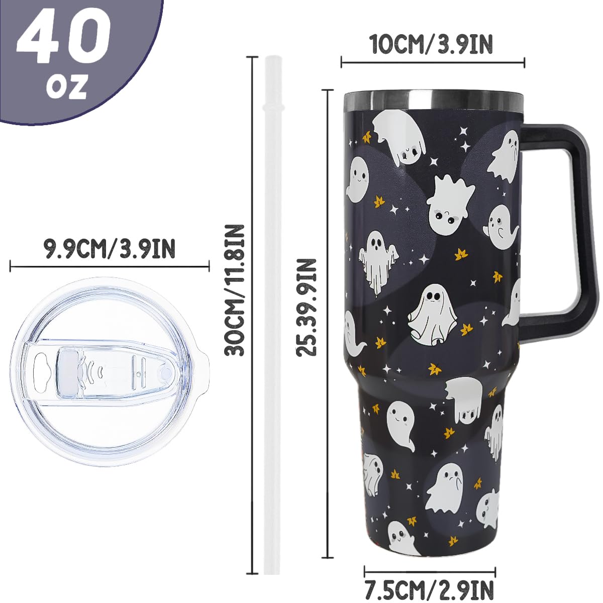 Rcvlauf Halloween Tumbler 40oz Ghost Tumbler Spooky Leak Proof Cups with Handle and Straw Insulated Water Bottle Coffee Travel Mugs for Halloween Decor Gifts for Women Men (1PCS)