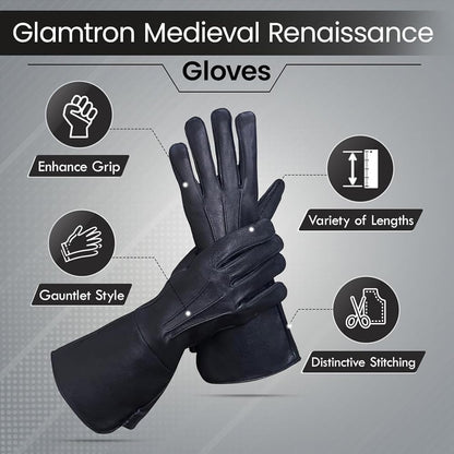 Glamtron Leather Long Cuff Medeival Renaissance Gauntlet Steampunk Cosplay Lamp Skin Black Leather Halloween Gloves