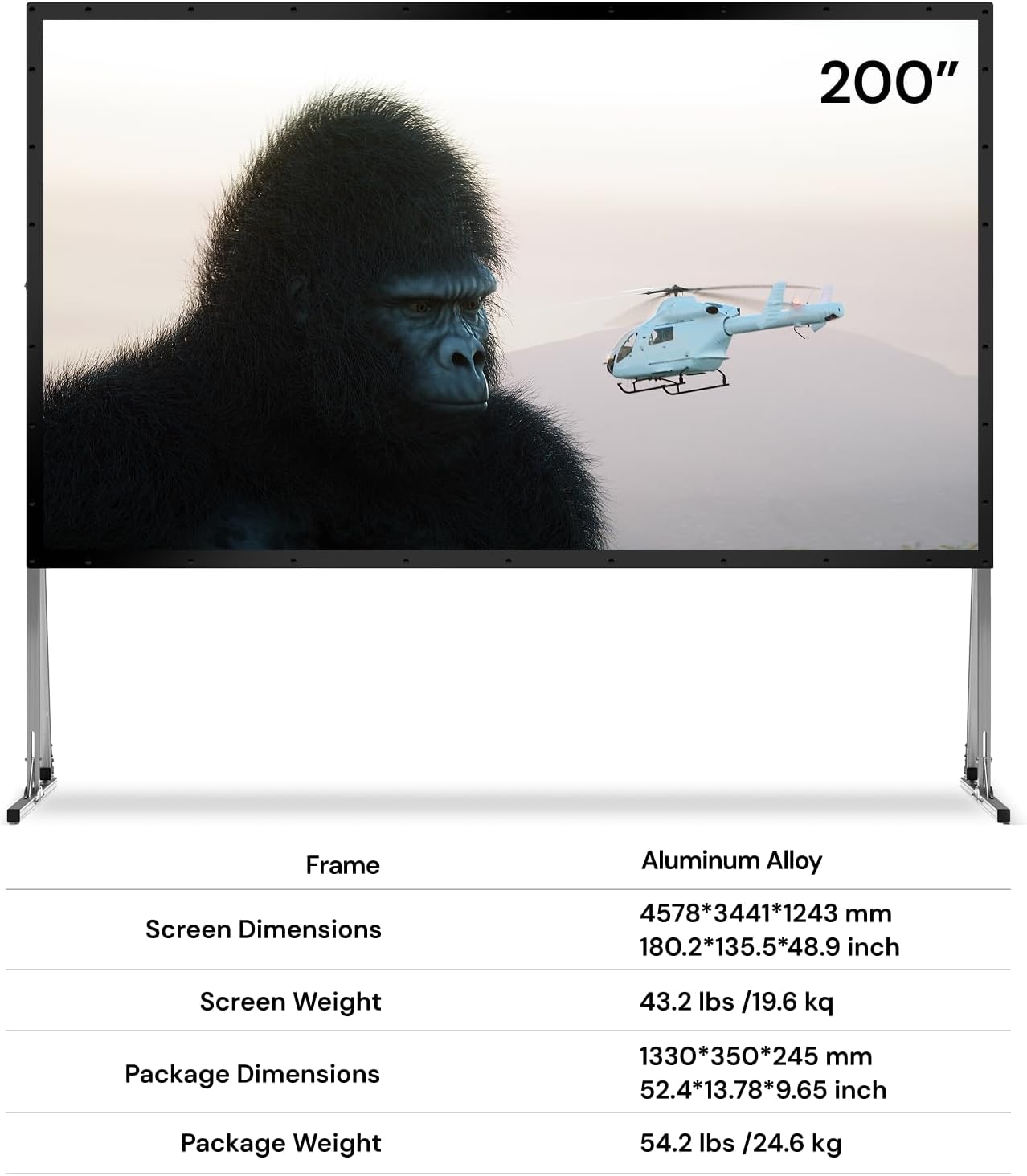 AWOL VISION Folding Outdoor Projector Screen with Stand (200 inches)，Outside Projection Screen 4K/8K UHD Support, Freestanding, Portable Alloy Frame, 16:9 HD, Lightweight for Camping, Backyard