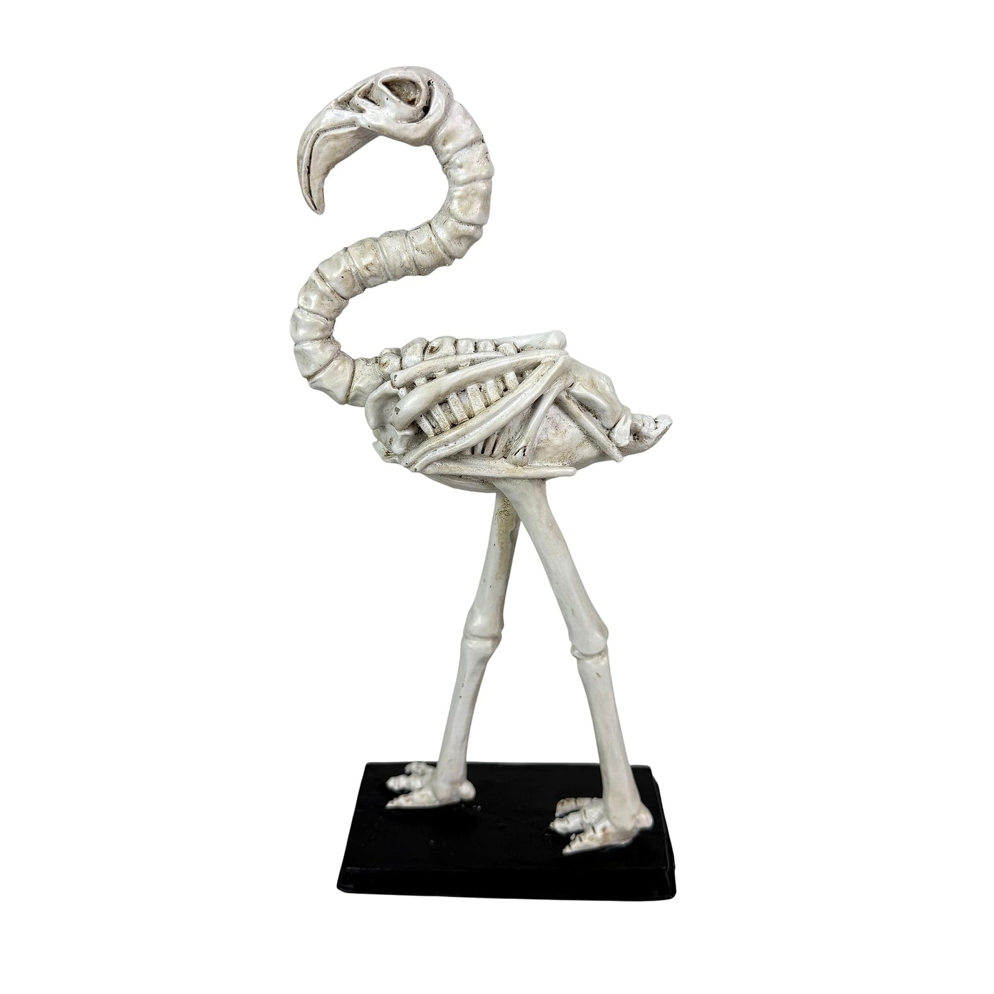 Fancy That Flamingo Skeleton Statue 12 Inch Resin Tabletop Sculpture with Distressed Bone White Finish and Black Base, Eclectic Coastal Bird Decor Accent for Shelf Desk Mantel
