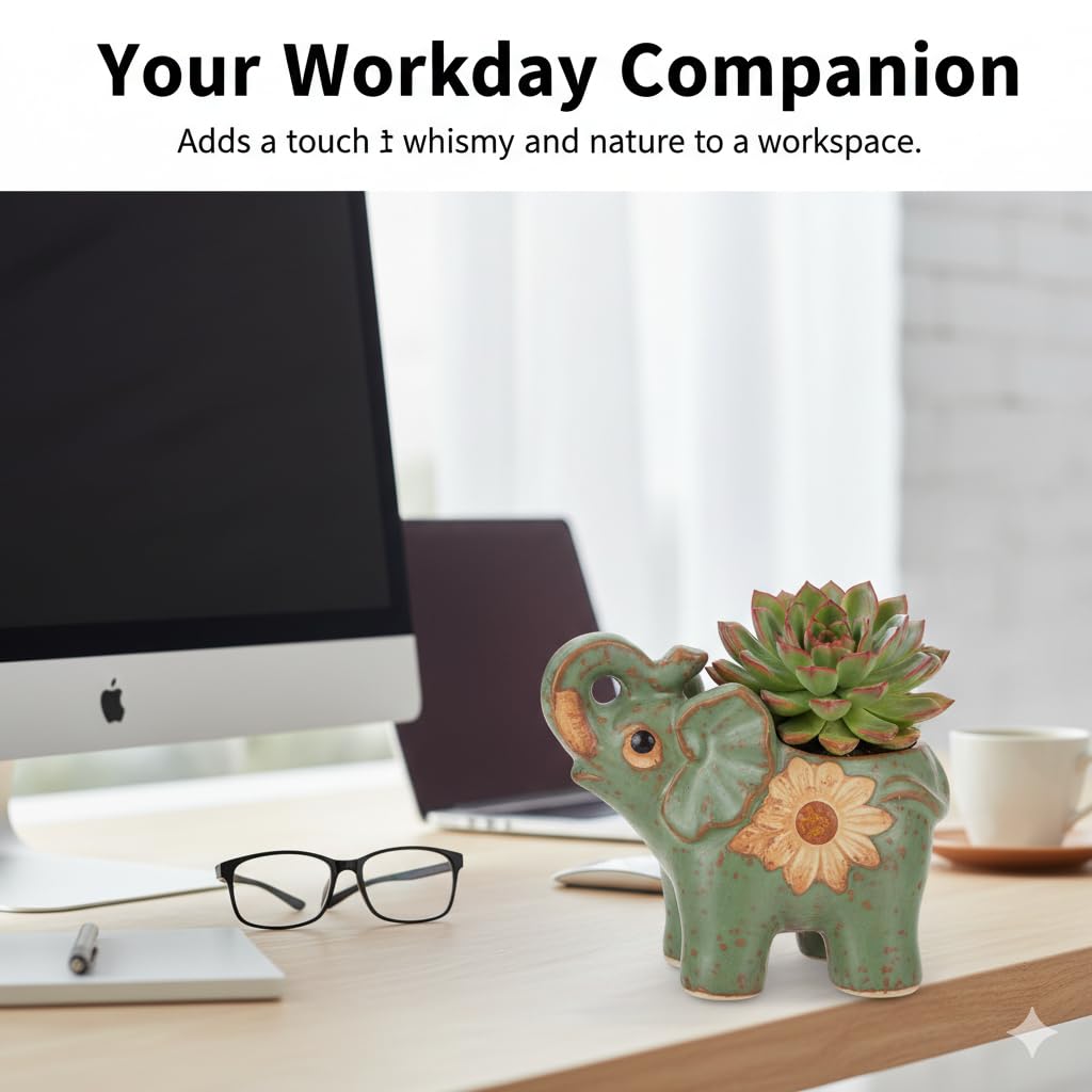 Hemoton Small Succulent Planter Pot with Drainage, Indoor/Outdoor Ceramic Animal Planter, Cute Elephant Cactus/Bonsai Flower Pot, Animal Pencil Holder for Office Home Desktop Decor