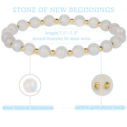 QOGIR Moonstone - New Beginnings - 14K Gold Plated Beads Natural Gemstone Stretch Elastic Dainty Healing Beaded Bracelets Gifts 6mm