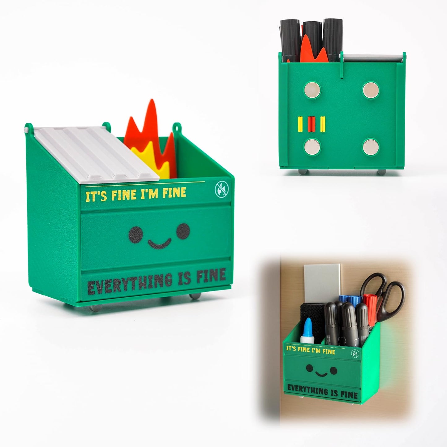 Tian Zhun Dumpster Fire Magnetic Pen Holder Funny Magnetic Pencil Holder Magnetic Locker Organizer for Refrigerator Whiteboard Home Office Hospital Big Marker Pen Storage 4.73 x 4.3 x 2.75 Inch