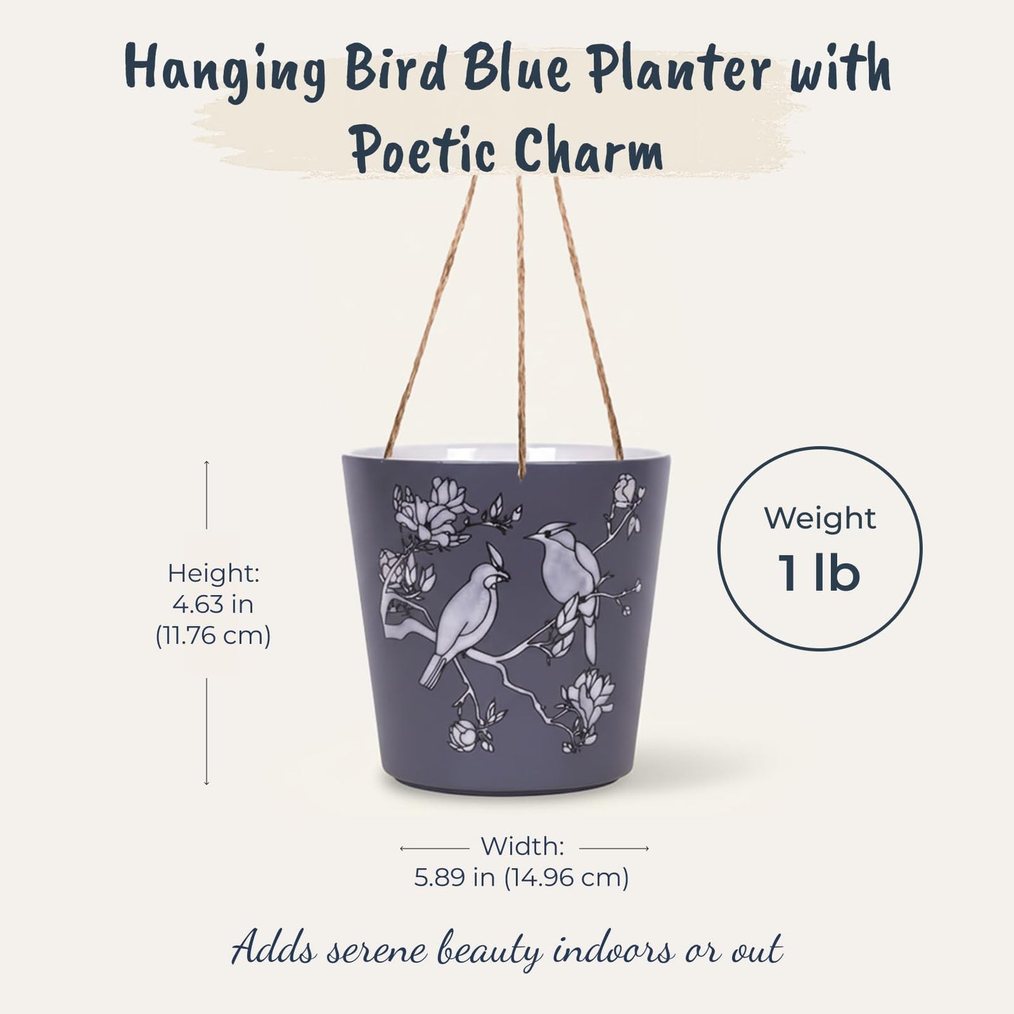 Blue Sky Clayworks 6.5" Hanging Bird Blue Planter, Ceramic, 7" x 6" x 5", Slate Night, Perching Pair & Blooms