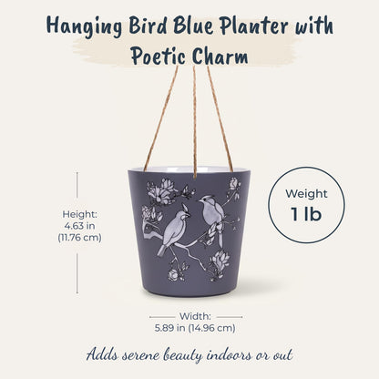 Blue Sky Clayworks 6.5" Hanging Bird Blue Planter, Ceramic, 7" x 6" x 5", Slate Night, Perching Pair & Blooms