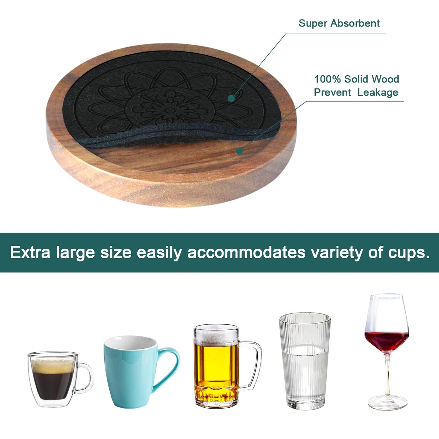 Wood Coasters for Drinks Set of 8, Minacun Absorbent Coaster, Drinks Coasters for Coffee Tabletop Protection, Non-Slip, Non-Stick, Suitable for Kinds of Cups Wooden Table Drink, 4.3 Inch Black