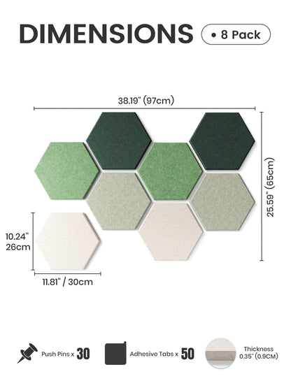 Fluxynara Hexagon Cork Board Alternative for Walls Decor-8-Pack Felt Bulletin Board Tiles,with 30 Pushpins,50 Adhesive Tabs for Office,Classrooms & Home Pin Board Felt Board-Sagewood