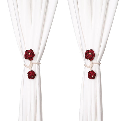 SUQ I OME 2 Pieces Handmade Artificial Christmas Red Flower Curtain Holdbacks,Curtain Tiebacks Clips Creative Window Drape Twist Tie Backs for Christmas Decorative Draperies Holdbacks (Wine Red)