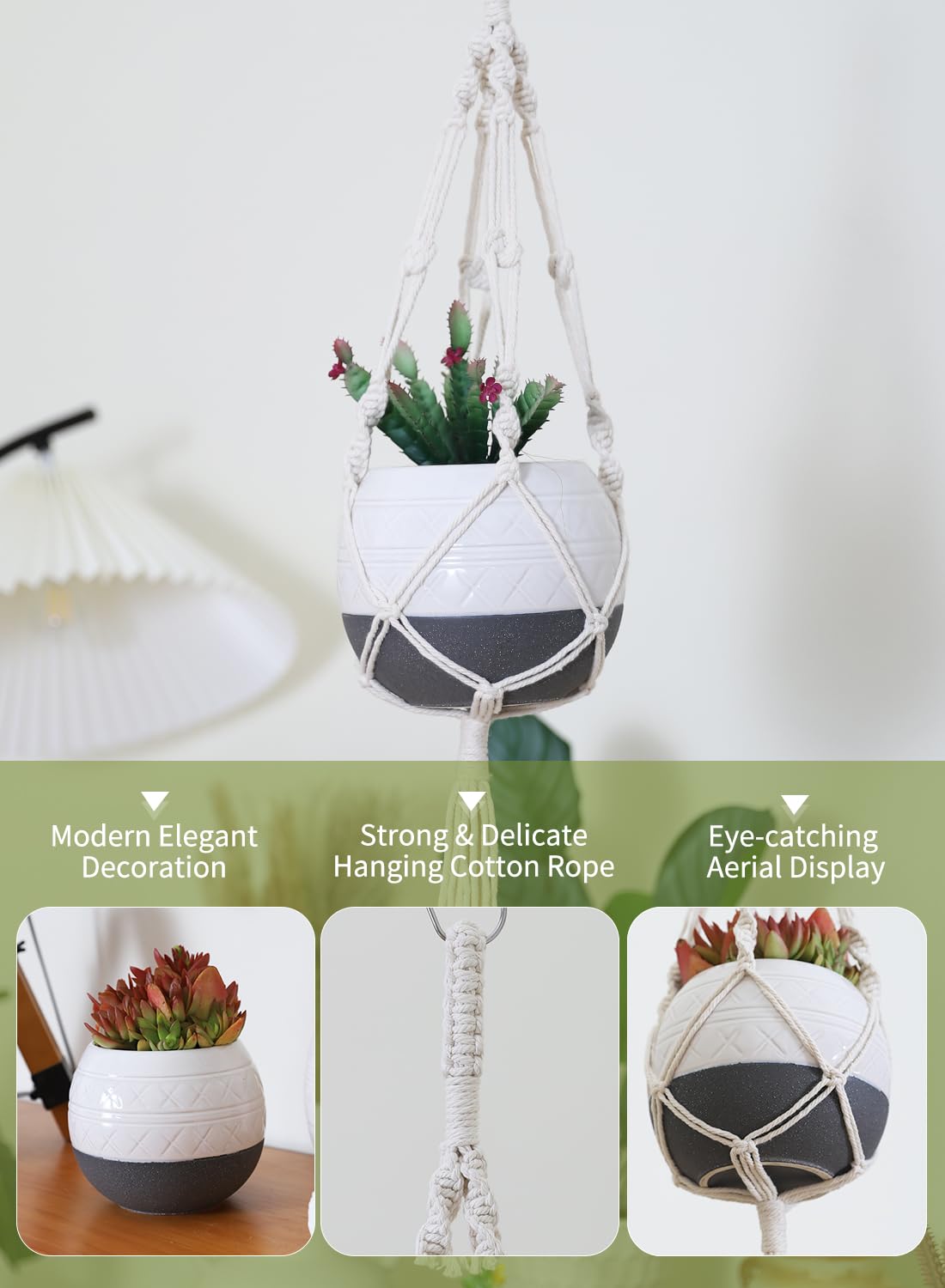 TAMAYKIM 6 Inch Ceramic Hanging Plant Pot with Macrame Plant Hanger & Hooks, Drum Shape Small Flower Planter for Indoor Outdoor, Balcony Garden Decor, White with Grey