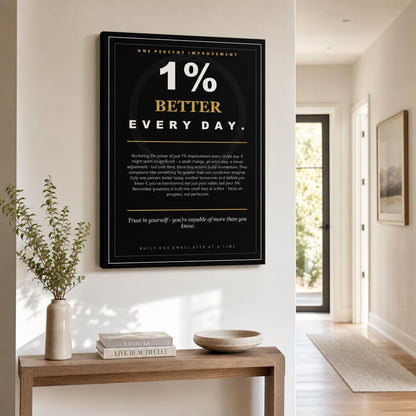 PJQART Inspirational Posters for Office 1 Percent Improvement Quote Wall Art, Black Gold Canvas Poster for Home Office Dorm Classroom, Single Panel Framed Decor 24x18 Inch