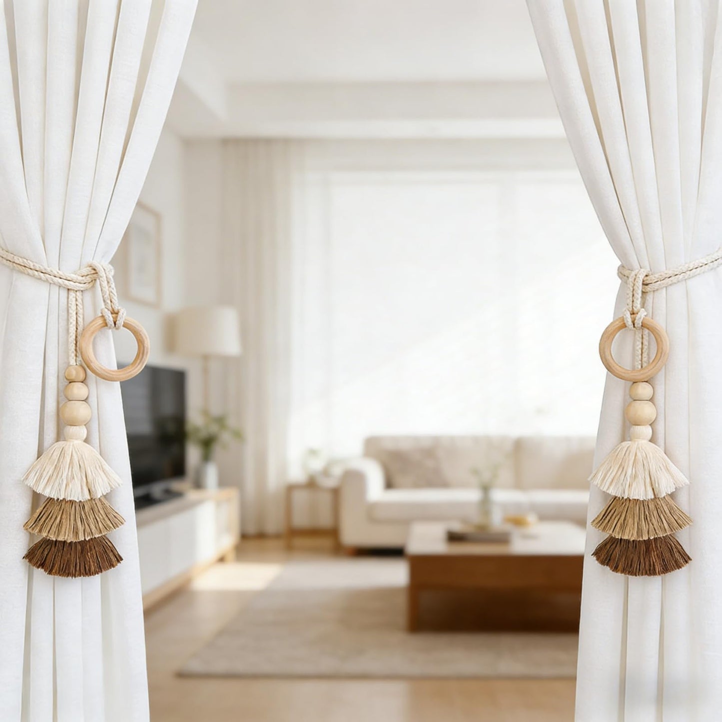 SPRFAIRY 2PCS Boho Curtain Tiebacks Handmade Rope Curtain Tiebacks Drapery Curtain Holdbacks for Indoor Outdoor Drapes Decorative (Beige)