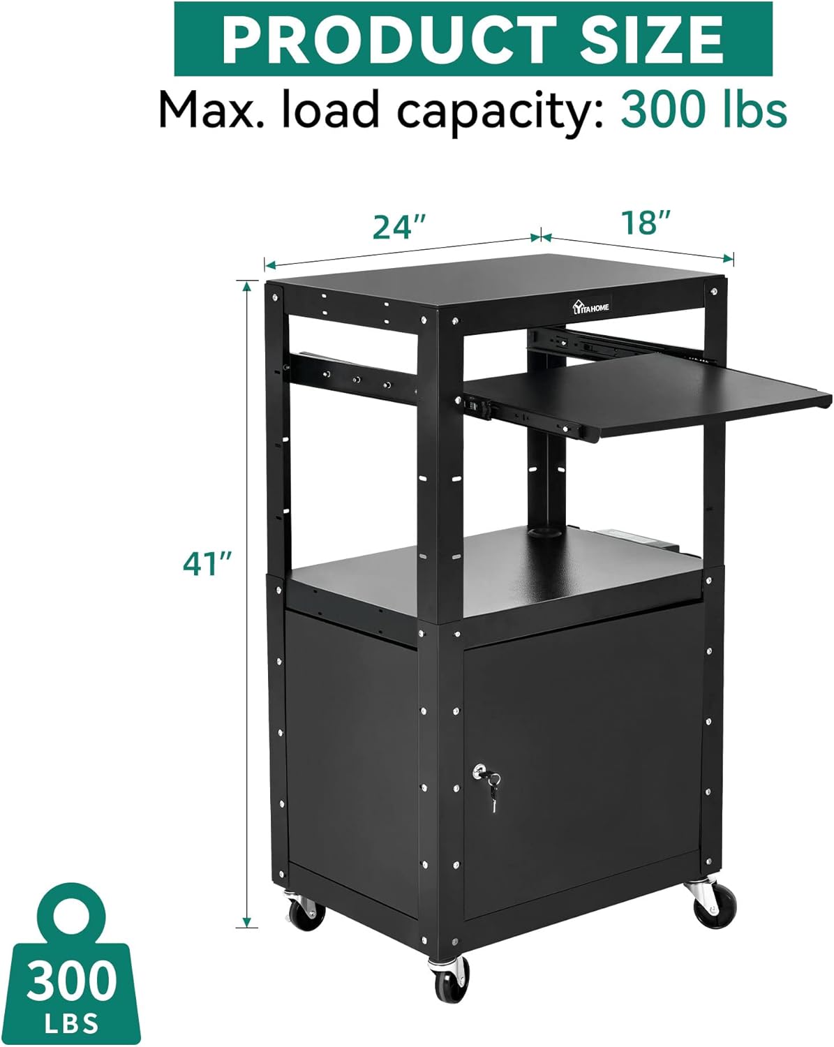 YITAHOME Steel AV Cart with Locking Cabinet, Metal Presentation Cart with Keyboard Tray, Rolling Media Cart with Wheels & Power 16.4ft Extra-Long Cord for Computer Laptop Projector Printer Black