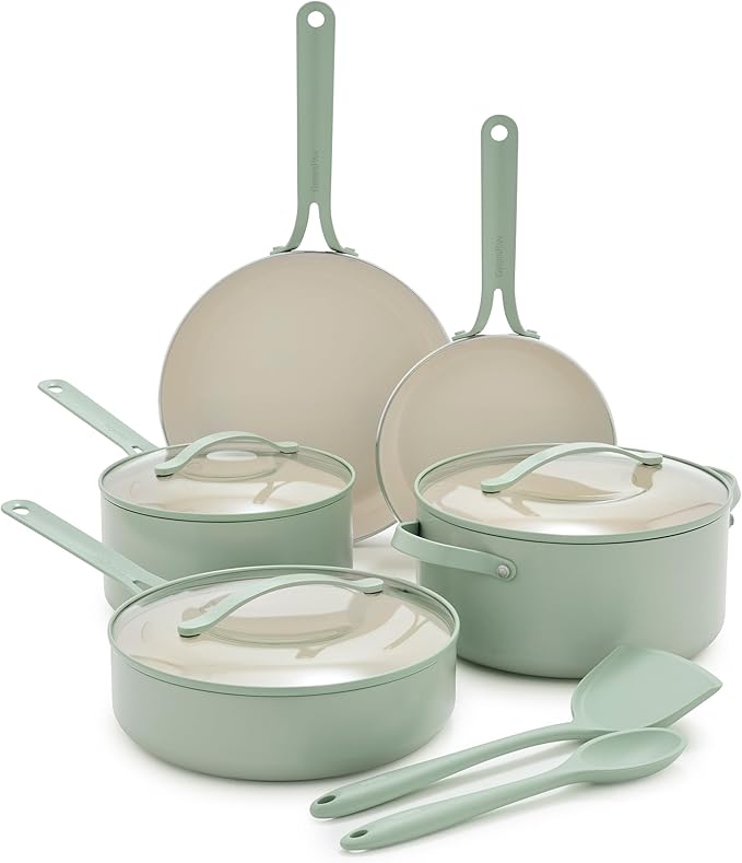 GreenPan Nova 10-Piece Nonstick Cookware Set, PFAS-Free Ceramic Pots & Pans with Silicone Cooking Utensils, Durable Fast Heating, Induction Ready, Oven Safe to 600°F, Dishwasher Safe, Pistachio Green