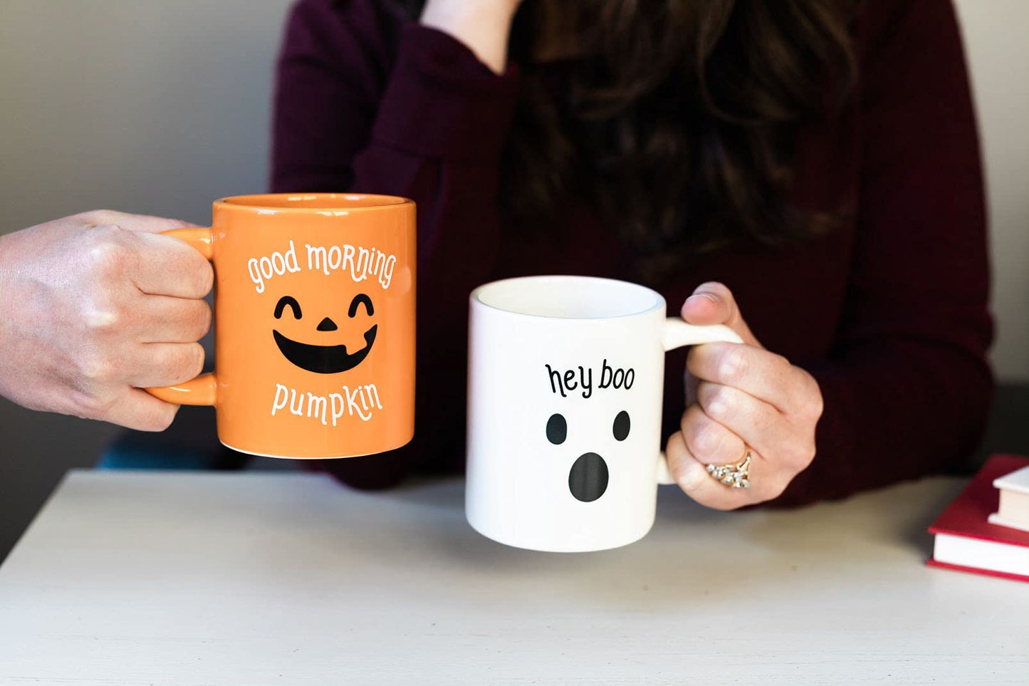 Pearhead Halloween Coffee Mug Set of 2 Fall Pumpkin Ghost Ceramic Cups 16oz Microwave Dishwasher Safe Autumn Gift