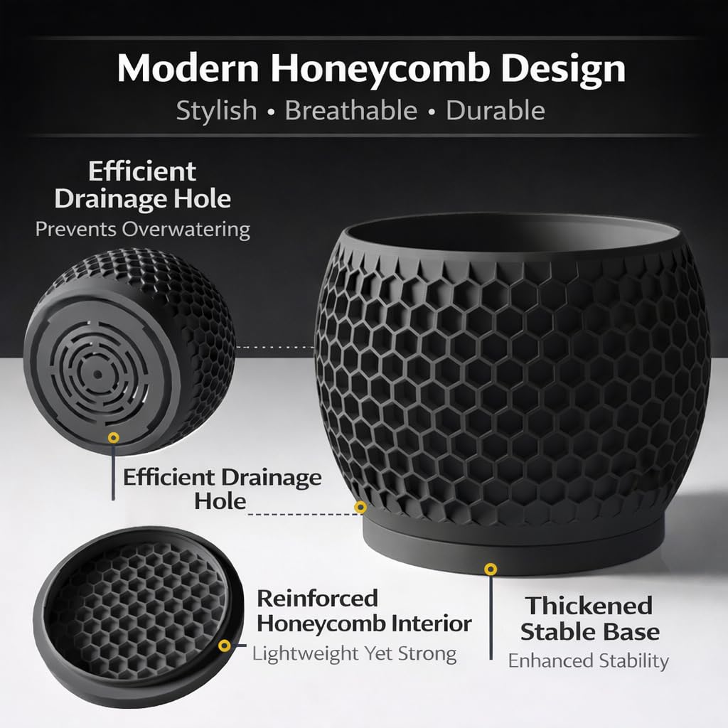 Fabix3D Plant Pots, Modern 3D Printed Honeycomb Planters for Indoor Plants, 4.7 Inch Matte Black Decorative Flower Pot for Office Desktop, Bookshelf & Home Decor, Lightweight & Durable.