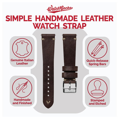 WatchGecko Vintage Simple Handmade Certified Genuine Italian Leather Replacement Watch Strap. Stylish and Durable Mens Wristwatch Strap. Simple double stitching. Easy to fit. Chocolate Brown, 20 mm