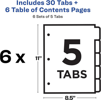 Avery 5 Tab Dividers for 3 Ring Binders, Customizable Table of Contents, Multicolor Tabs, 6 Sets (11187)