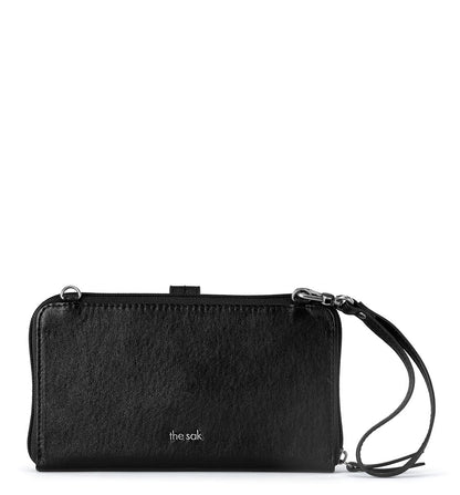The Sak Iris Large Smartphone Crossbody Bag in Leather, Convertible Wristlet Purse Design, Black Leaf Embossed