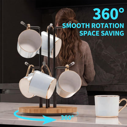 BTWDAEX Counter Coffee Mug Holder with 6 Hooks, 360° Rotating Mug Tree for Large Cups, Kitchen Counter Decor Metal Coffee Cup Rack Stand for Countertop with Stable Wooden Base