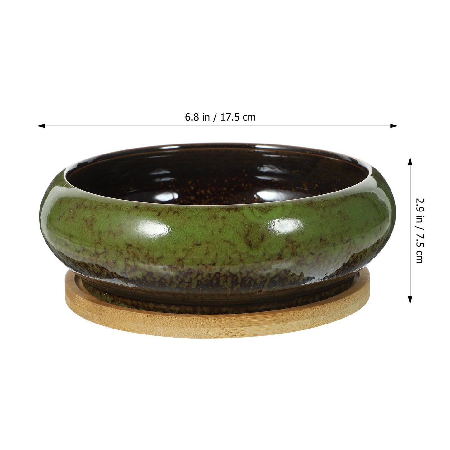 GANAZONO Succulent Succulent Planters with Drainage Ceramic Bonsai Pots with Bamboo Trays Round Shallow Pots for Indoor Cactus Flower Plants Green