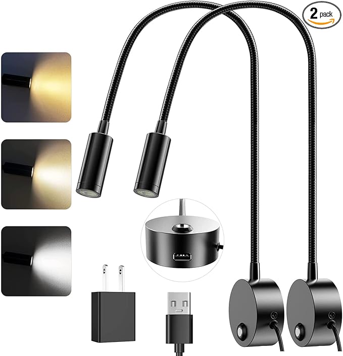 Wall Mounted LED Reading Light with 15" Flexible Gooseneck, Dimmable Book Light for Reading In Bed with USB Charging Port, Plug In Headboard Night Lights, 3 Colors Temperature, Touch Control-2 Pack