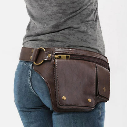 GK-O Steampunk PU Leather Hip Belt Bag for Men Women Vintage Motorcycle Waist Bag with Adjustable Strap Medieval Cosplay Utility Fanny Pack (Dark Brown)