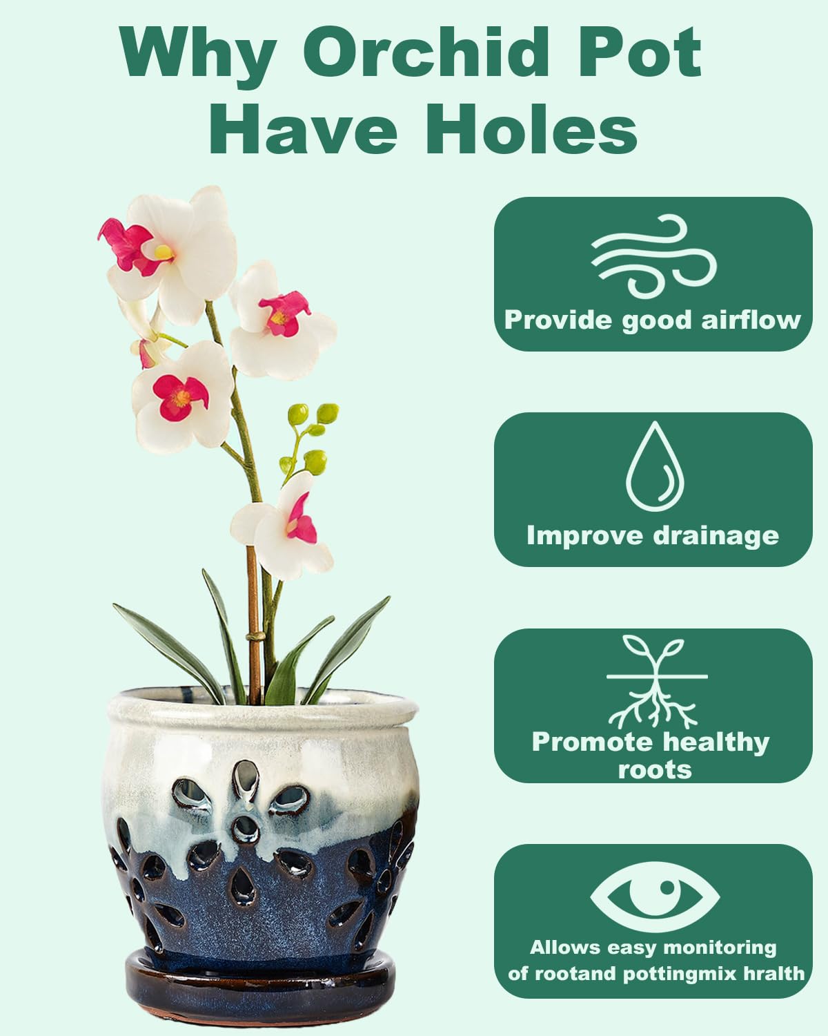 Vensovo 4 Inch Ceramic Orchid Pots with Drainage Holes and Saucers, 2 Pcs Small Planters for Orchids Succulents Repotting, Indoor Outdoor Ceramic Flower Pots for Healthy Root Growth (Blue, Blue Mixed)
