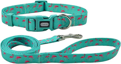 Dog Collar Leash Set, Flamingo Pattern, Polyester Material, Adjustable Collar and 5ft Matching Leash, for Medium Dogs.(M, Green Flamingo)