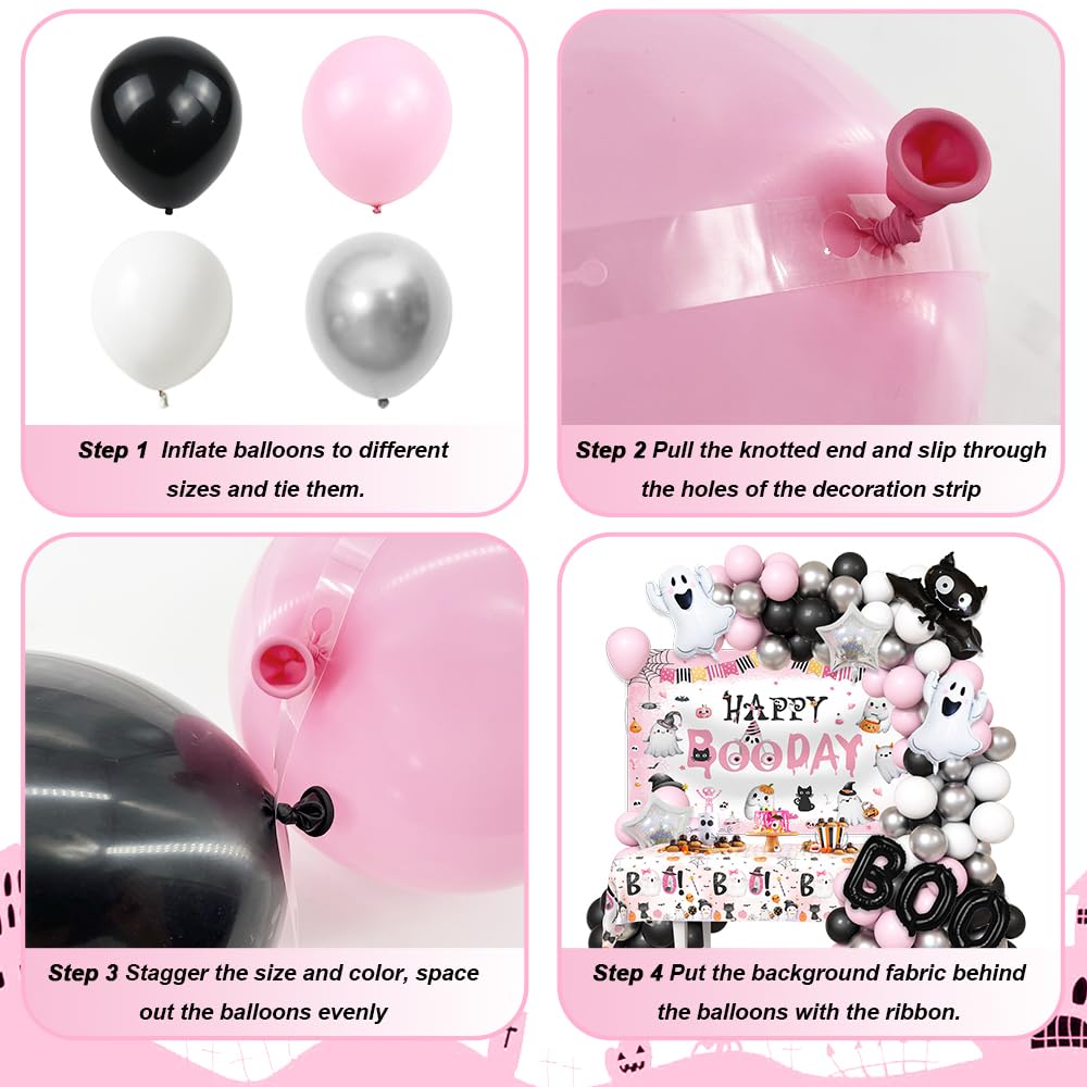 AIBIIN 113pcs Pink Black Halloween Birthday Party Decorations Halloween Happy Boo Day Party Kit With Happy Booday Banner Little Boo Balloon Garland Kit Ghost Birthday Party Tablecloth