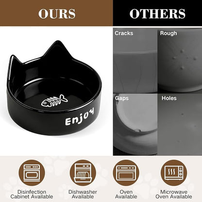 Ceramic Dog and Cat Bowl Set with Wooden Stand Elevated Non-Slip Weighted Anti-Spill Matte Finish for Cats Kittens Small Dogs-Black Cat Ear-6.76 OZ