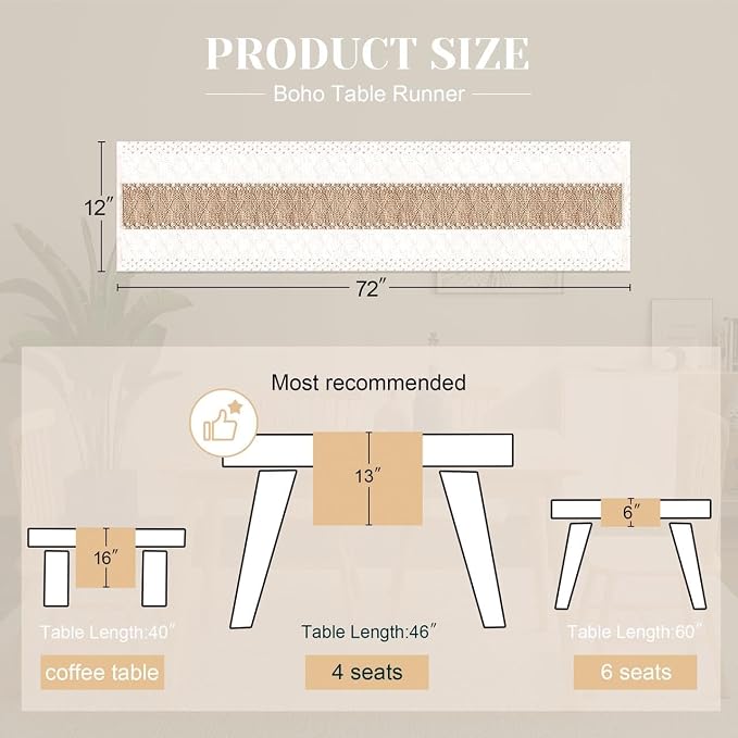 FEXIA Boho Table Runner for Home Coffee Decor 72 Inches Long Farmhouse Rustic Table Runner Macrame Burlap Centerpieces for Tables Decoration for Kitchen Bedroom Decor Bridal Shower (12x72 Inches)